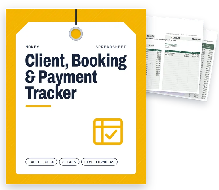 Client, Booking & Payment Tracker cover with real filled-in pages fanned behind it