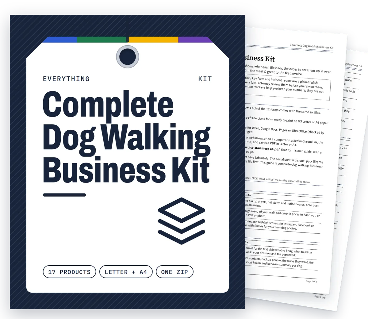 Complete Dog Walking Business Kit cover with real filled-in pages fanned behind it