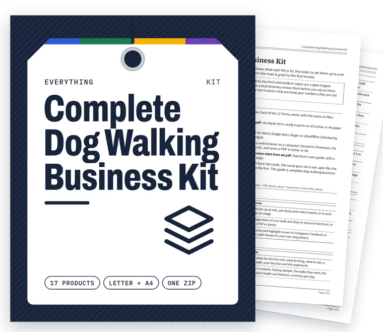 Complete Dog Walking Business Kit cover with real filled-in pages fanned behind it