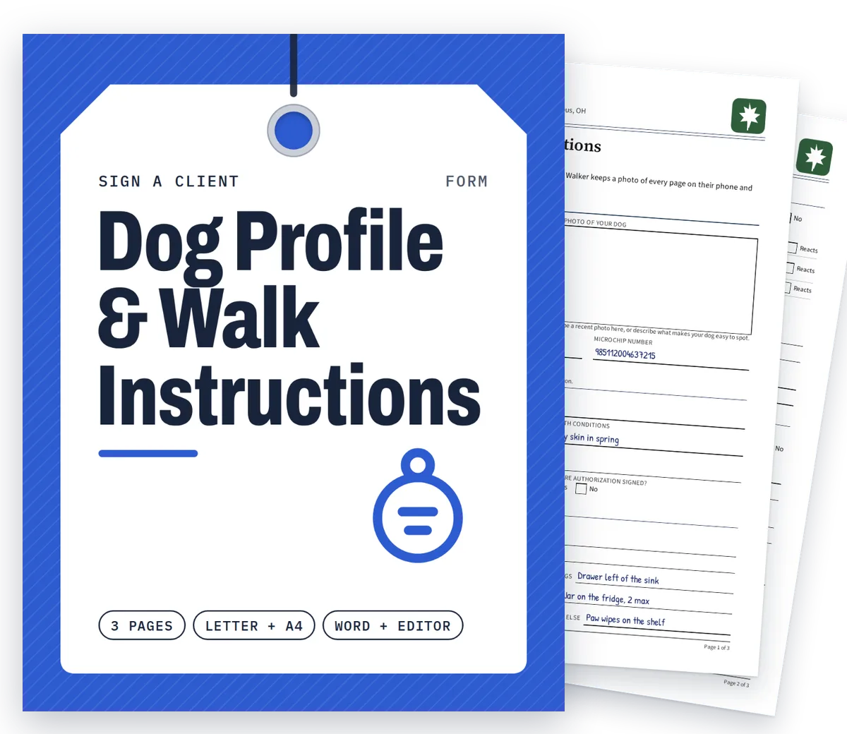 Dog Profile & Walk Instructions cover with real filled-in pages fanned behind it