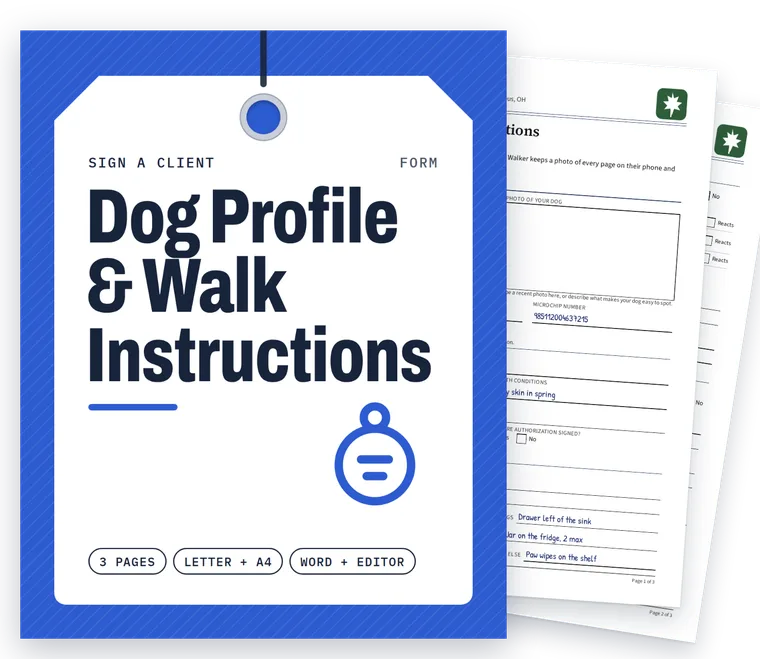 Dog Profile & Walk Instructions cover with real filled-in pages fanned behind it