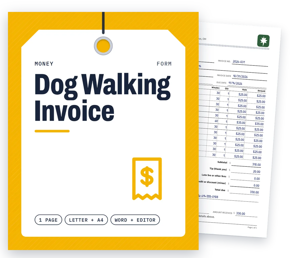 Invoice cover with real filled-in pages fanned behind it