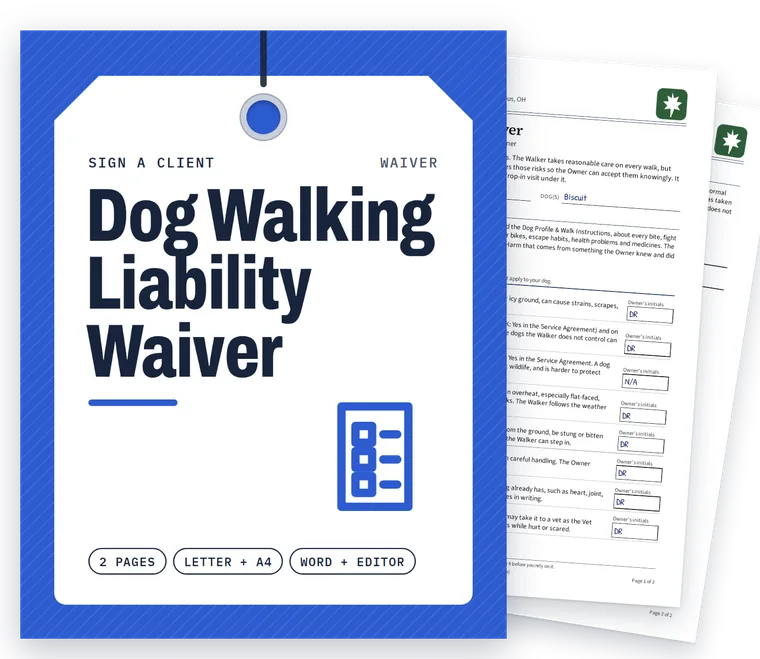 Dog Walking Liability Waiver cover with real filled-in pages fanned behind it