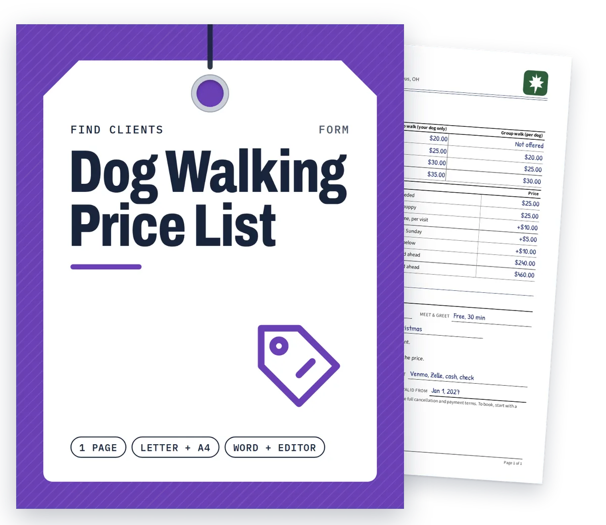 Dog Walking Price List cover with real filled-in pages fanned behind it