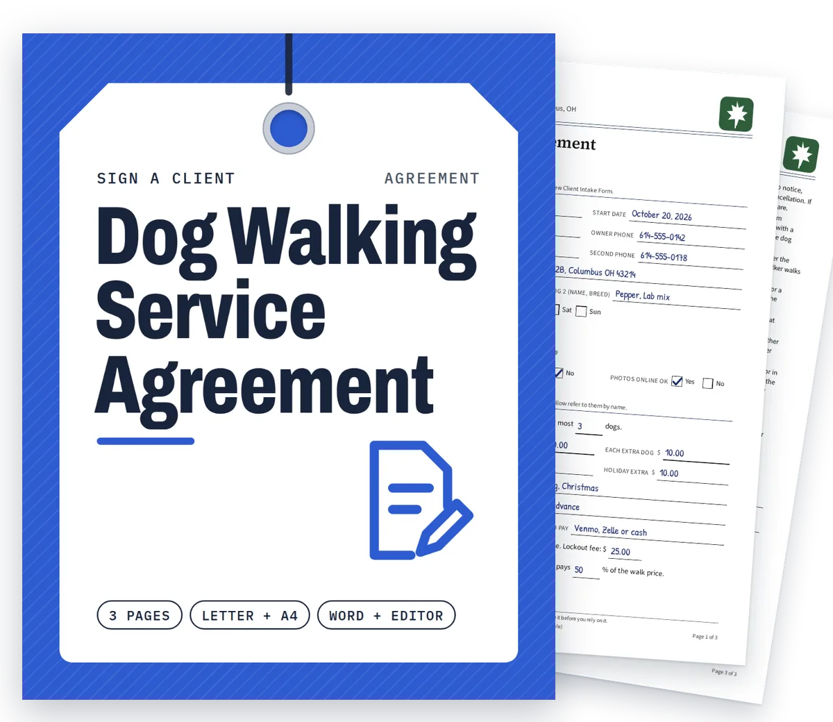 Dog Walking Service Agreement cover with real filled-in pages fanned behind it