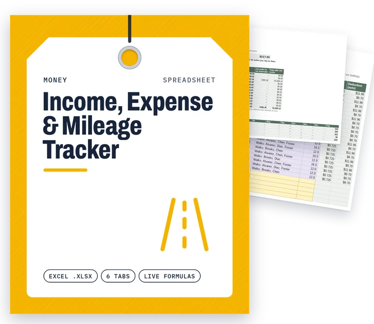 Income, Expense & Mileage Tracker cover with real filled-in pages fanned behind it