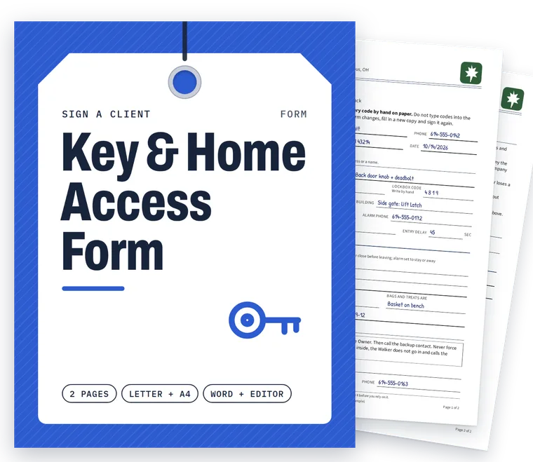 Key & Home Access Form cover with real filled-in pages fanned behind it