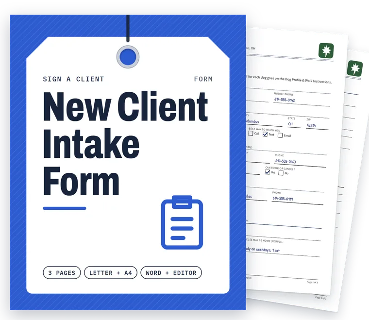 New Client Intake Form cover with real filled-in pages fanned behind it