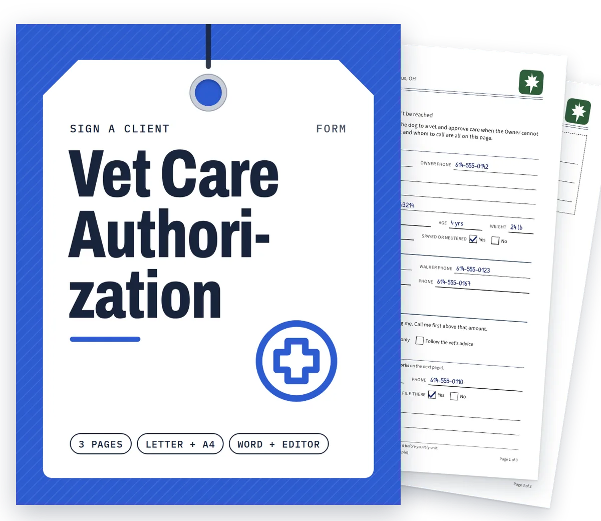 Vet Care Authorization cover with real filled-in pages fanned behind it