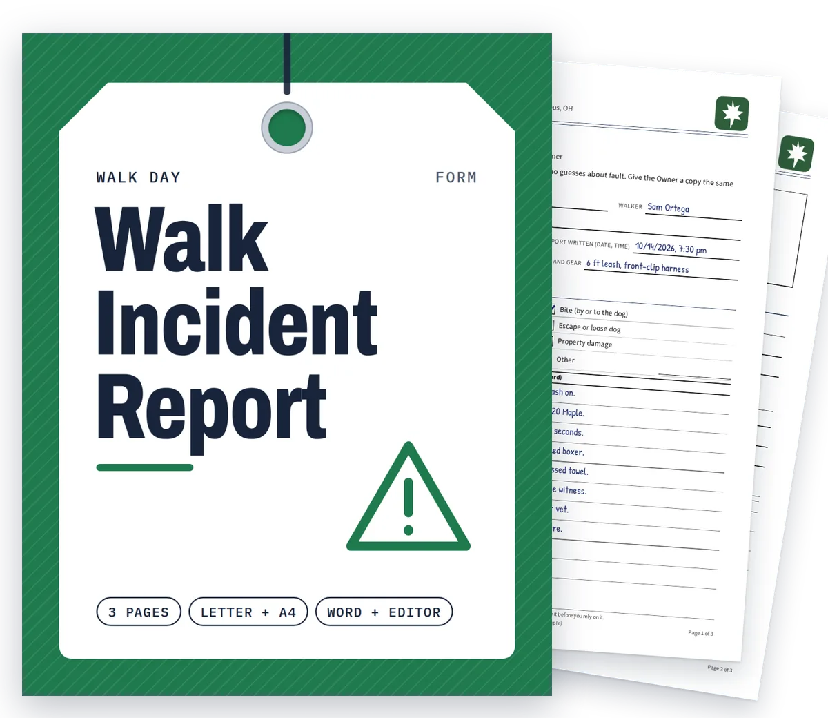 Walk Incident Report cover with real filled-in pages fanned behind it