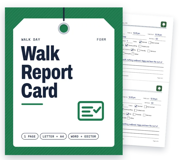 Walk Report Card cover with real filled-in pages fanned behind it