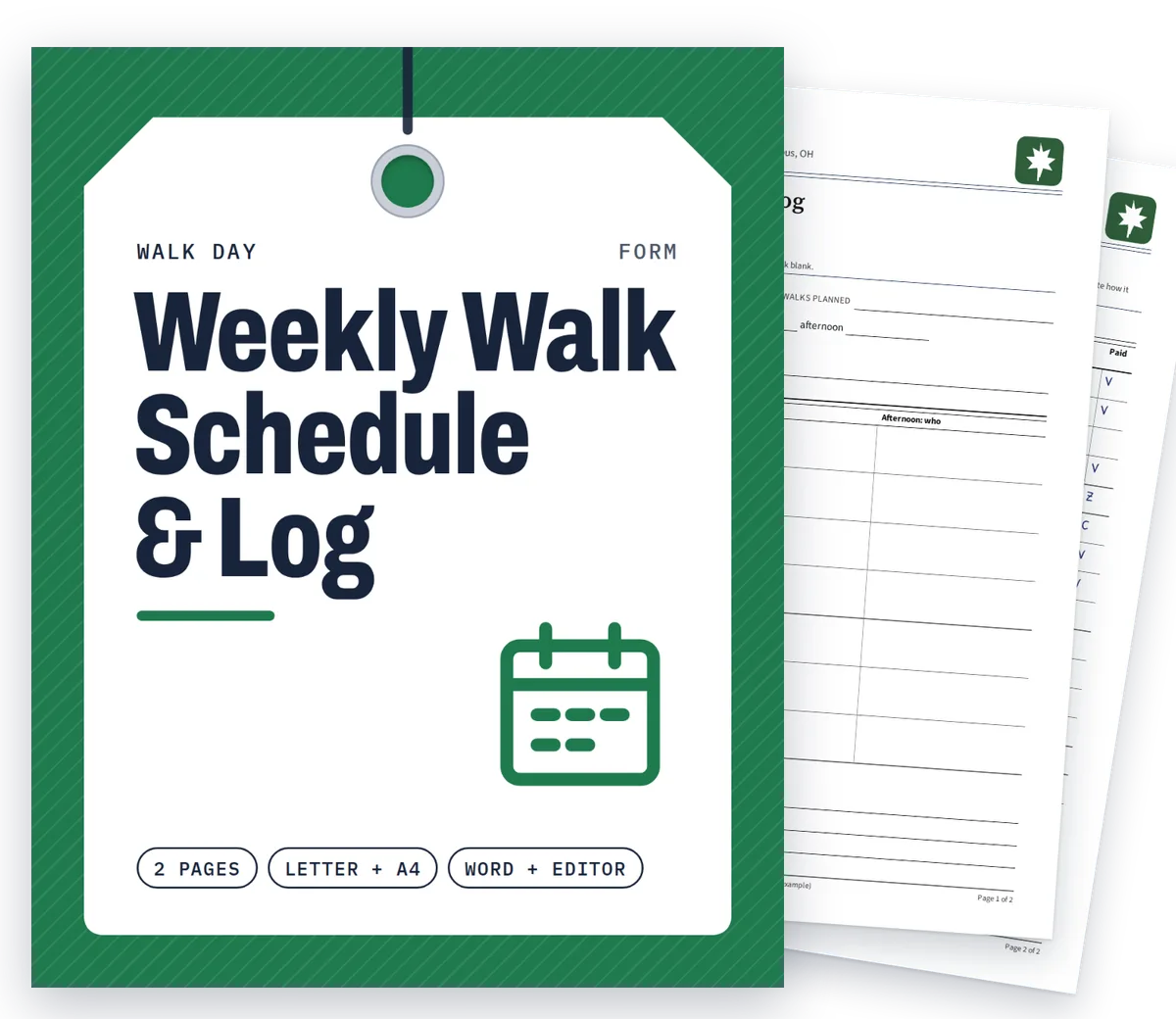 Weekly Walk Schedule & Log cover with real filled-in pages fanned behind it