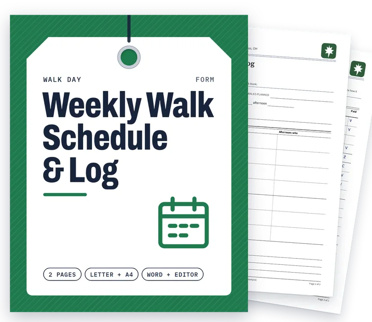 Weekly Walk Schedule & Log cover with real filled-in pages fanned behind it