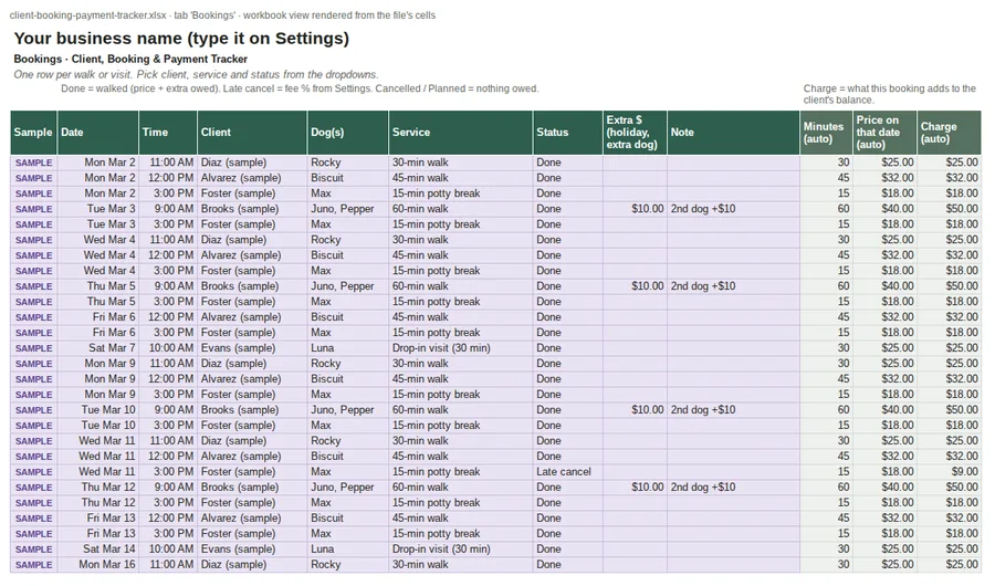 Bookings tab with sample rows (view rendered from the file's cells)