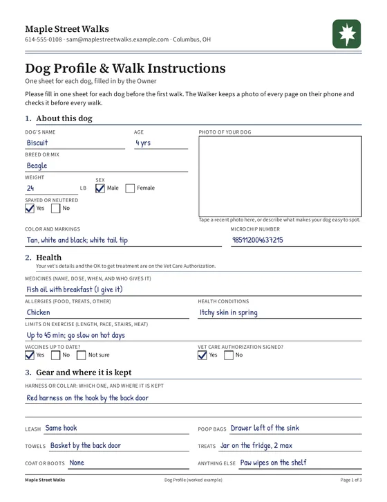 Page 1, filled example: about this dog and health
