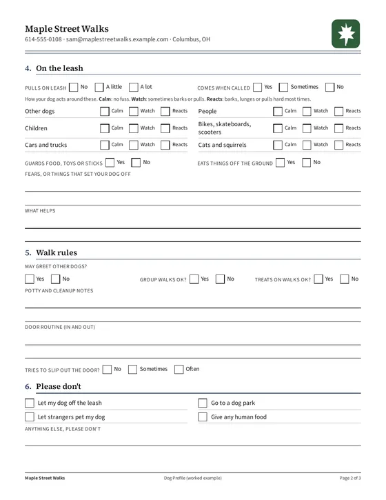Page 2, filled example: gear and leash behavior
