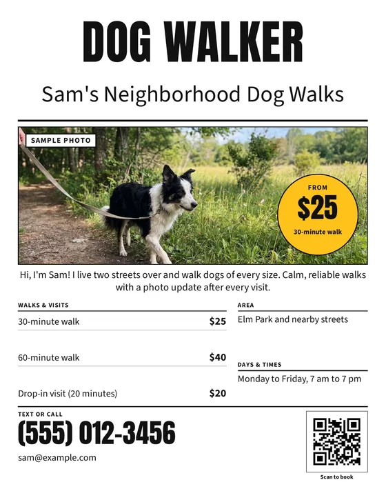Photo layout, filled in with the sample walker's details