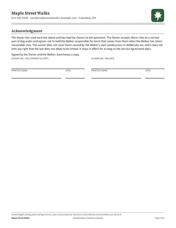 Page 2, filled example: acknowledgment and signatures