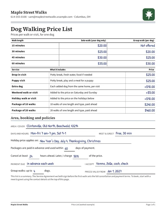 Dog Walking Price List: Filled example price list
