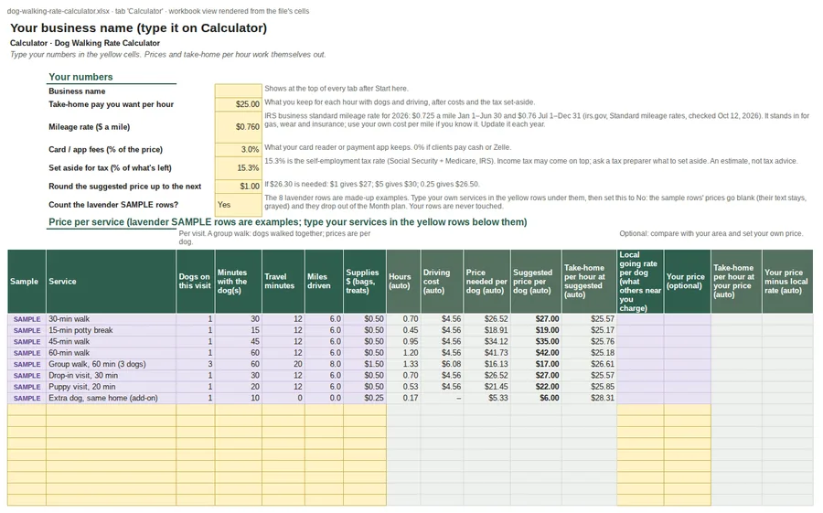 Dog Walking Rate Calculator: Calculator tab with the 8 sample services (view rendered from the file's cells)