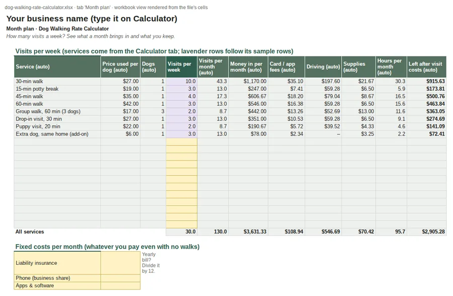 Month plan tab with the sample rows (view rendered from the file's cells)