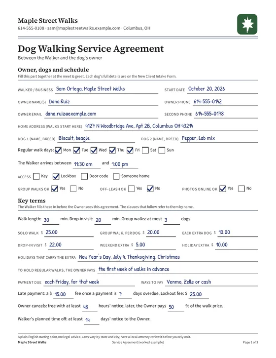Dog Walking Service Agreement: Page 1, filled example: owner, dogs, schedule and your key terms