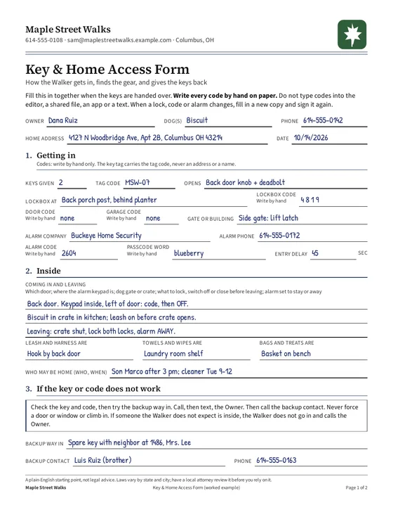Page 1, filled example: getting in