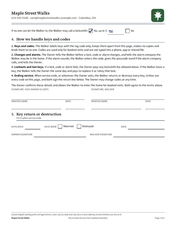 Page 2, filled example: lockout plan and key return