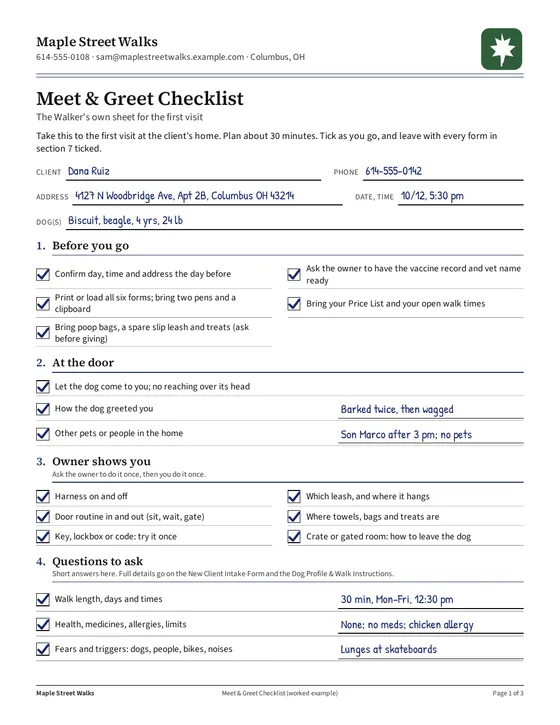 Meet & Greet Checklist: Page 1, filled example: before you go and at the door