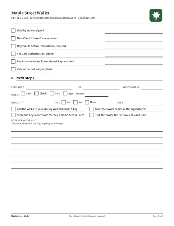 Page 3, filled example: decision and paperwork