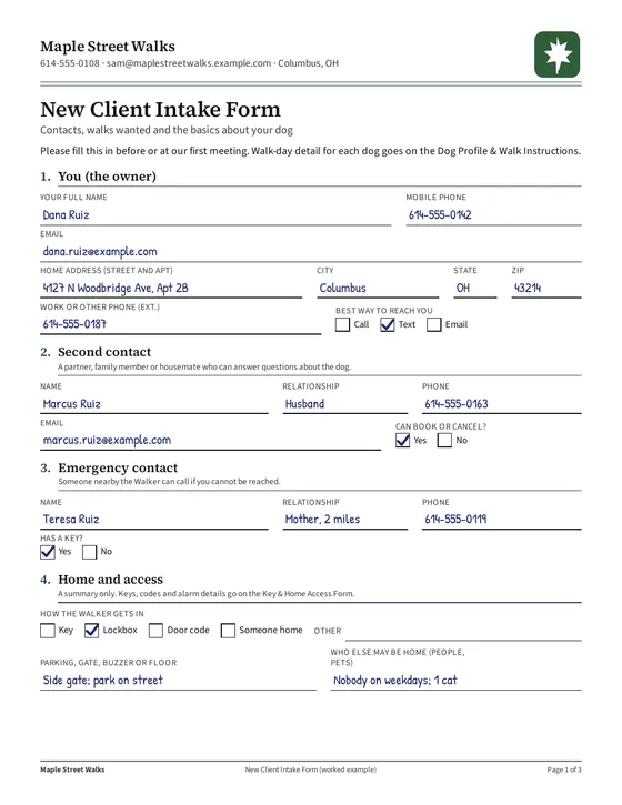 New Client Intake Form: Page 1, filled example: owner and contacts
