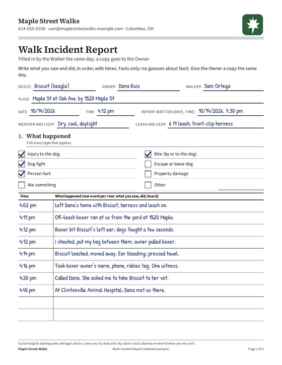 Page 1, filled example: what happened
