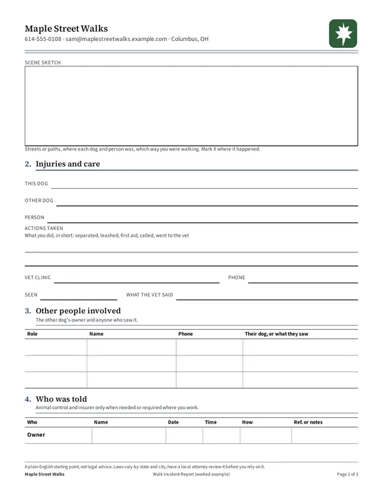 Page 2, filled example: injuries and care