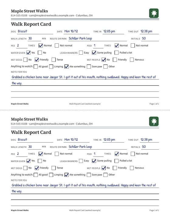 Filled example: two cards on one sheet