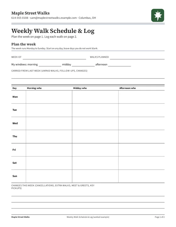 Page 1, filled example: plan the week