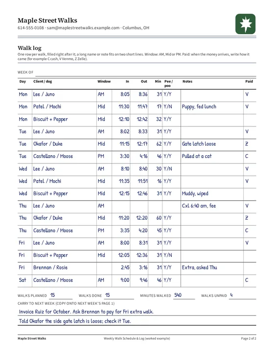 Page 2, filled example: walk log and tally