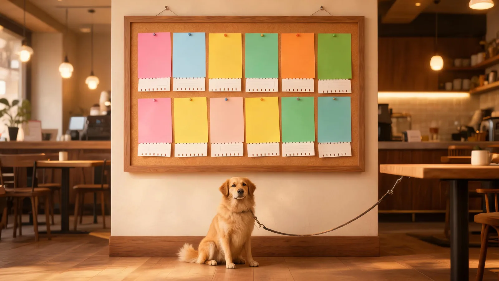 Illustrative image: a coffee-shop bulletin board covered with blank colorful flyers, a leashed dog sitting below.