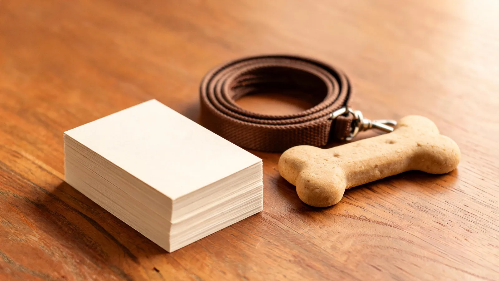 Illustrative image: a small stack of blank cream business cards on a wooden table beside a leash and a dog treat.