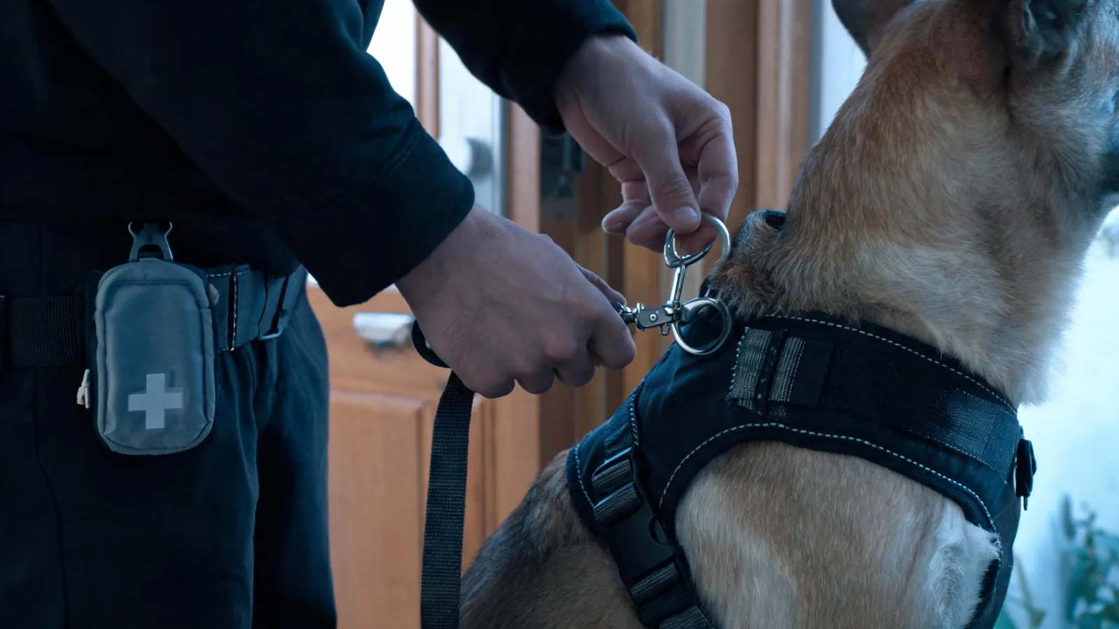 Illustrative image: a walker's hands clipping a leash to a calm dog's harness at a front door, a first-aid pouch on the belt.