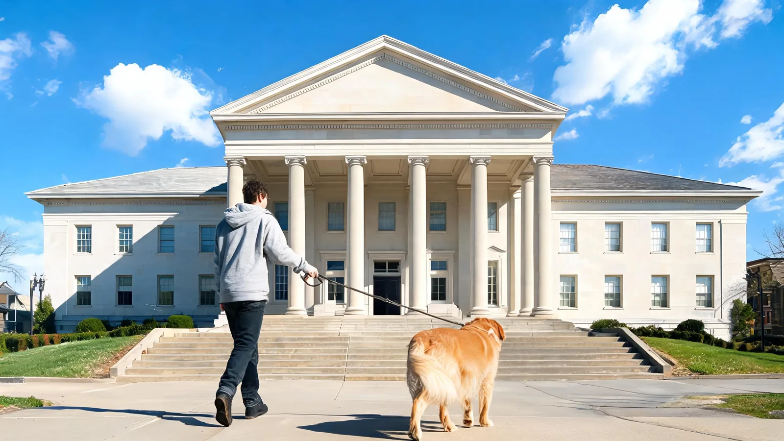 Illustrative image: a small-town city hall entrance on a sunny day, a person walking a dog past in the foreground.