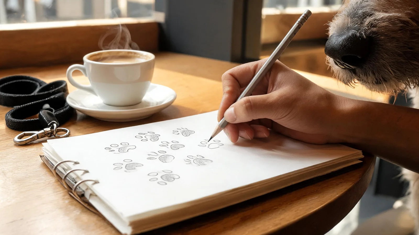 Illustrative image: a hand sketching paw-print shapes in a blank sketchbook beside a leash and a coffee cup.