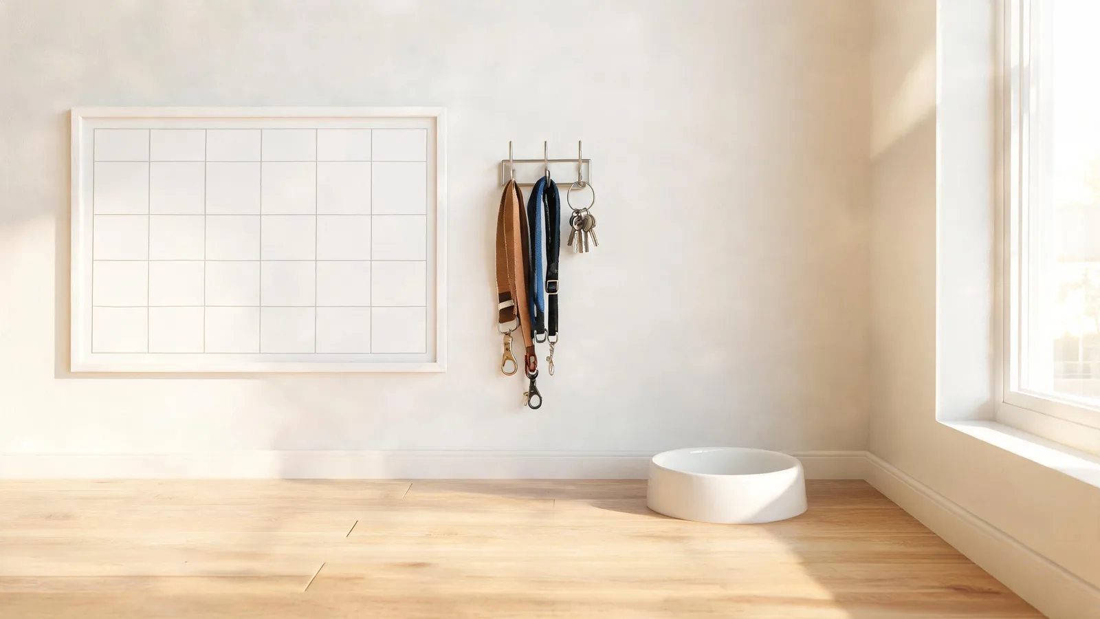 Illustrative image: an empty weekly planner grid on a wall next to hanging leashes, house keys and a dog bowl.