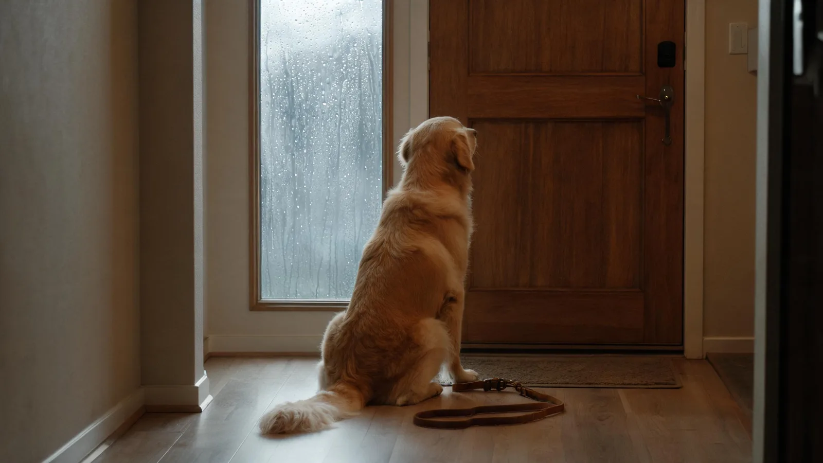Illustrative image: a dog waiting by a front door with its leash on the floor, rain on the window.