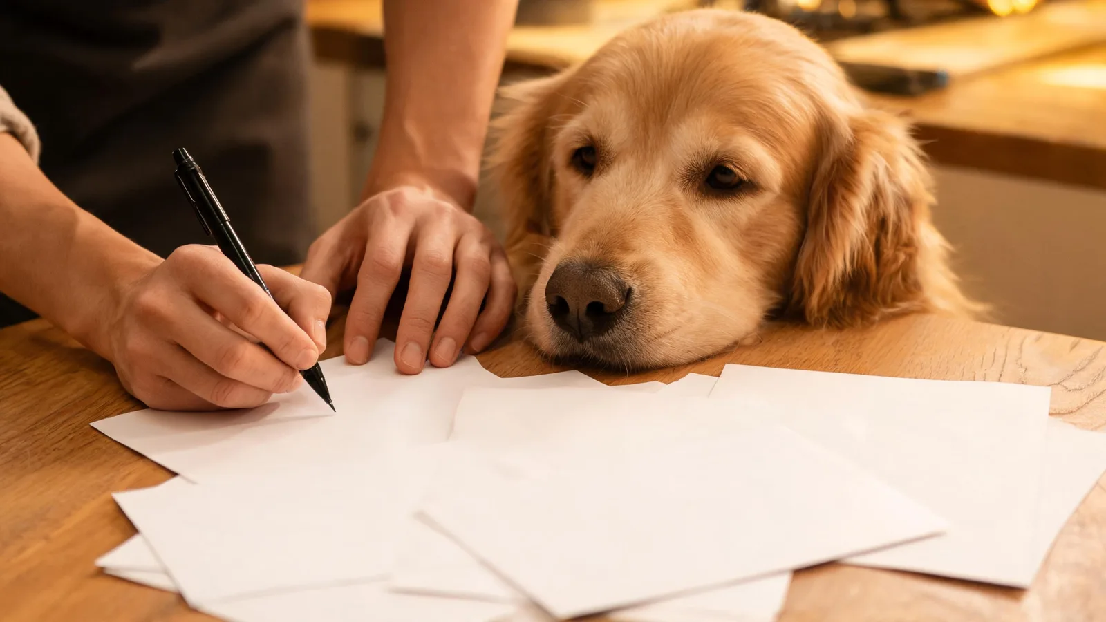 Illustrative image: two people's hands at a kitchen table with a pen and blank sheets, a dog resting its head on the table.