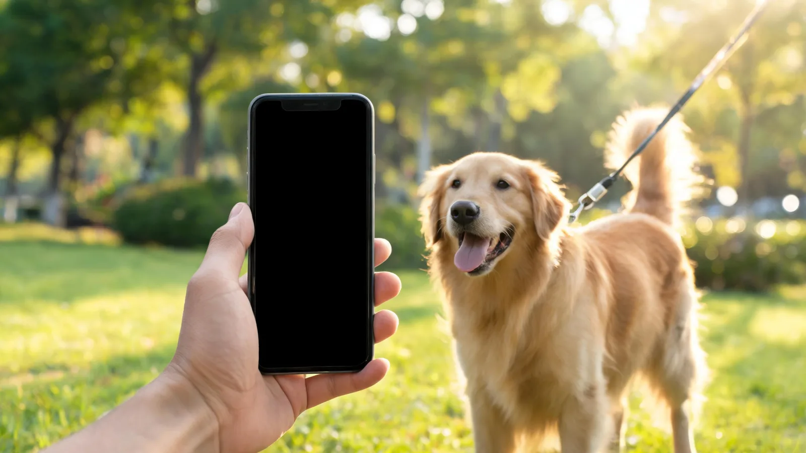 Illustrative image: a phone held up to photograph a happy dog on a walk in a park, the phone screen dark.