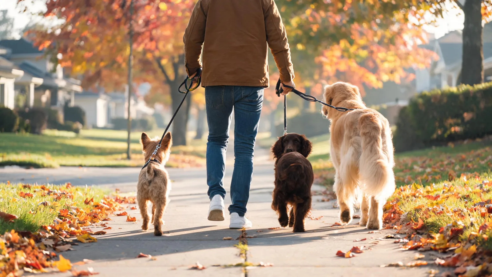 Illustrative image: a dog walker seen from behind walking three dogs on leashes along a leafy suburban sidewalk in autumn.