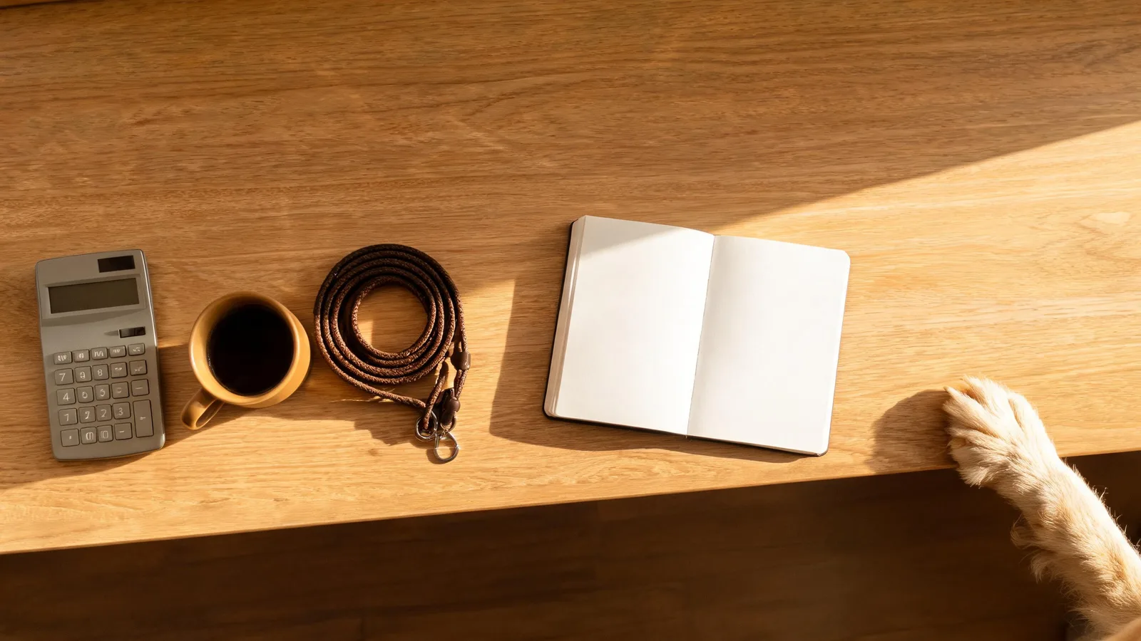 Illustrative image: a desk from above with a calculator, a coffee mug, a coiled leash and a blank notebook.