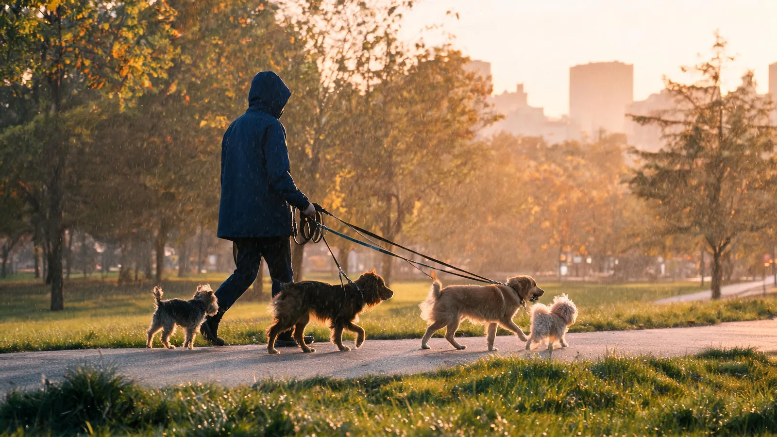 Illustrative image: a dog walker in a rain jacket crossing a park path with four leashed dogs at golden hour.