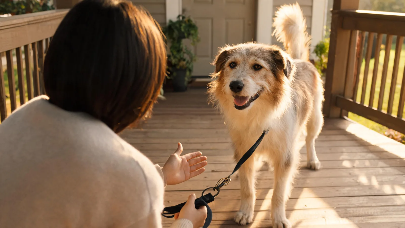 Illustrative image: a person kneeling on a front porch to greet a friendly mixed-breed dog, holding a leash.