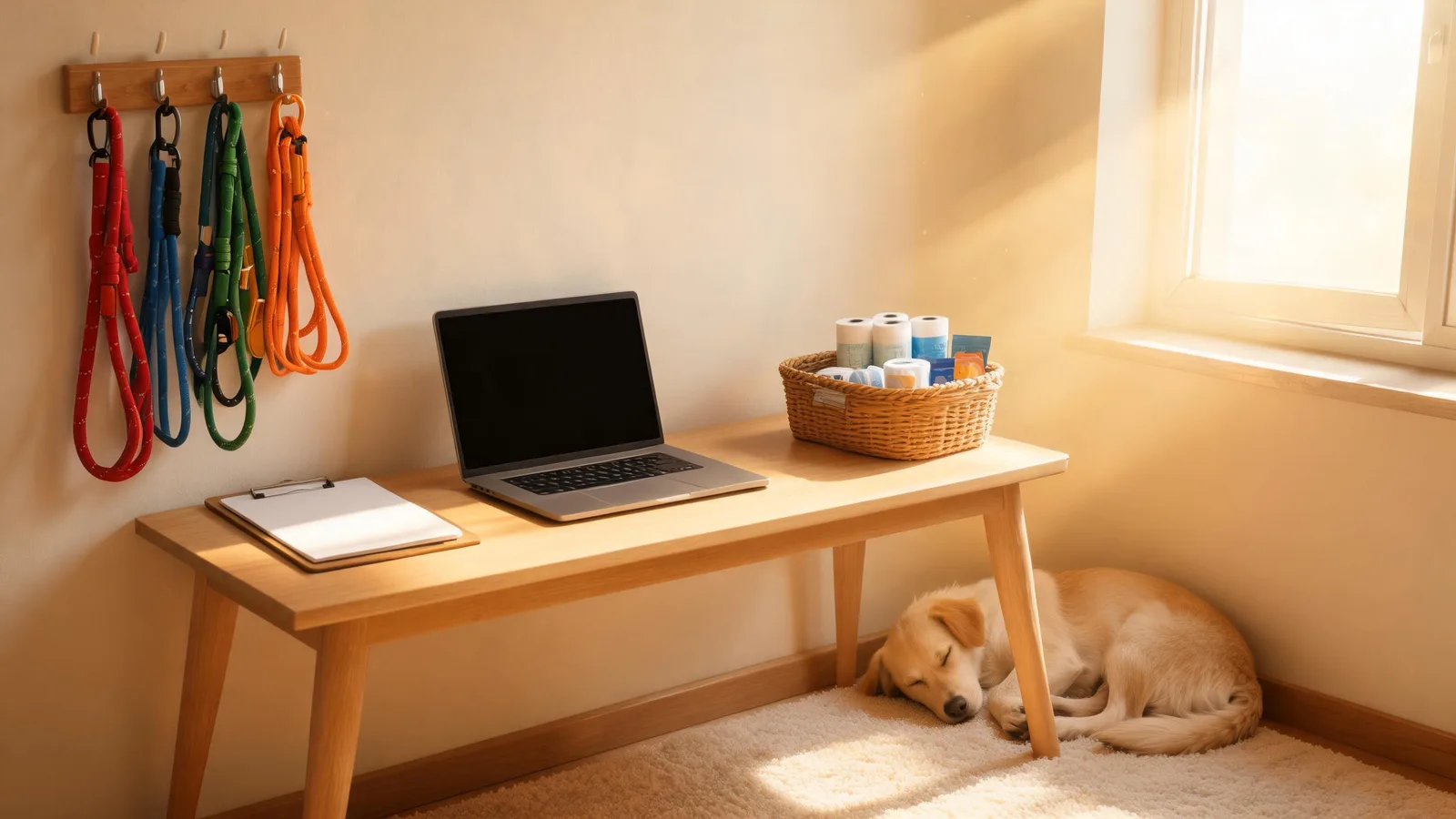 Illustrative image: a home office corner with leashes on a hook, a basket of treats and bags, a closed laptop and a sleeping dog.